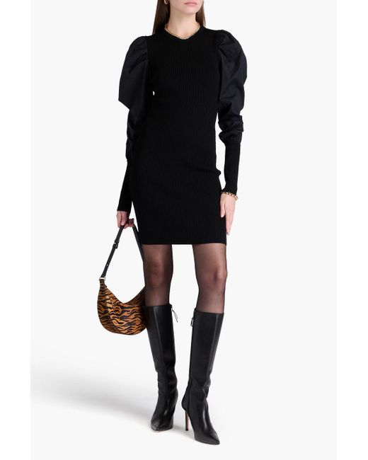 Veronica Beard Black Wilkin Ribbed-knit And Stretch-cotton Poplin Mini Dress