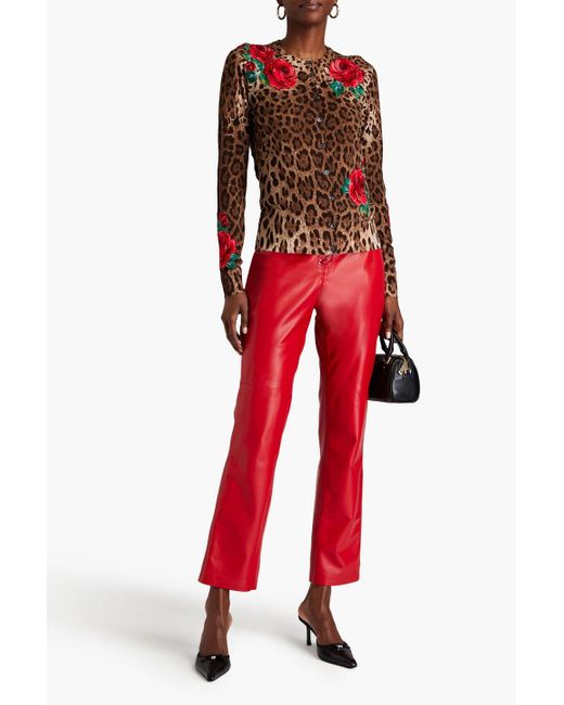 Dolce & Gabbana Red Cardigan aus wolle mit leopardenprint und stickereien