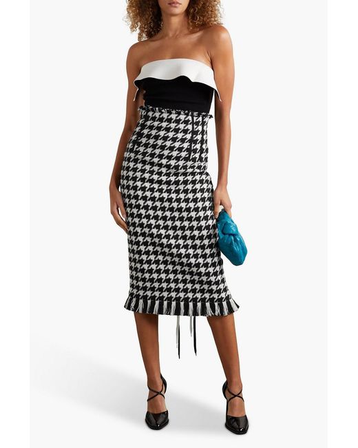 Monse White Fringed Houndstooth Tweed Midi Skirt