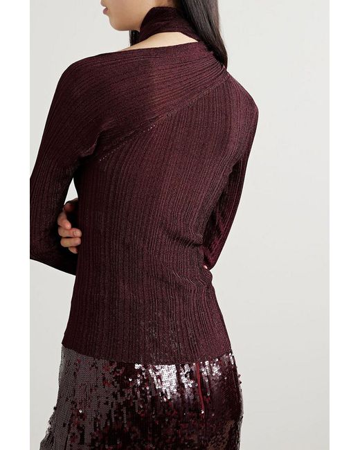Rabanne Purple Tie-detailed Metallic Plissé-knit Sweater