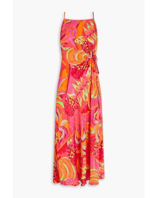 Farm Rio Red Bead-embellished Printed Satin Midi Dress