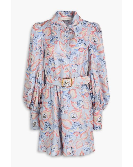 Zimmermann White Eden Belted Floral-Print Silk-Twill Mini Shirt Dress