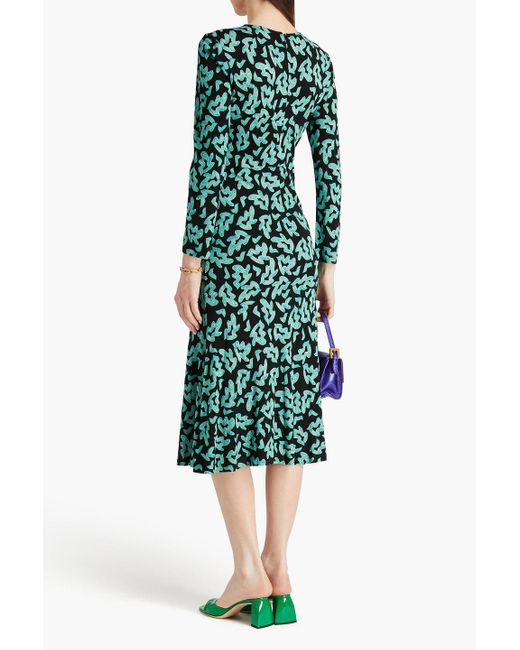 Diane von Furstenberg Green Timmy Draped Printed Jersey Midi Dress