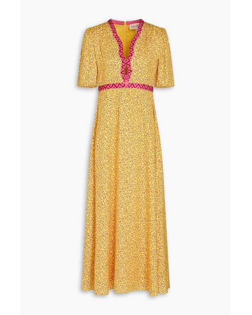 Saloni Yellow Tabitha Printed Silk-Satin Jacquard Midi Dress