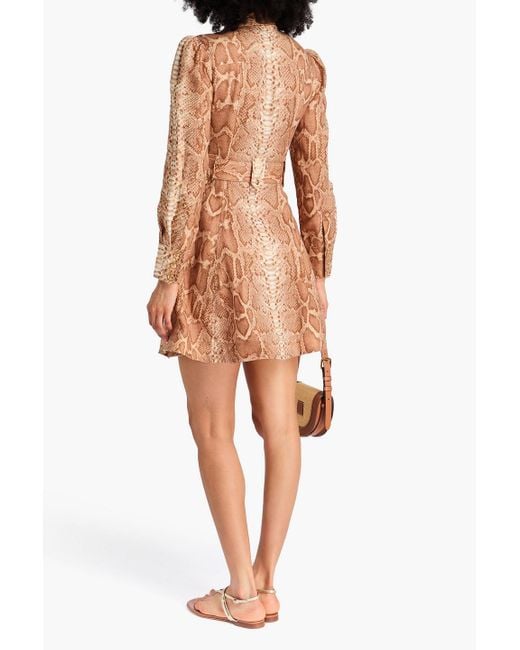 Zimmermann Brown Belted Snake-print Linen Mini Shirt Dress