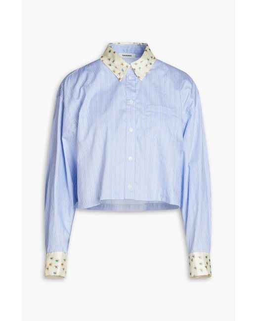 Sandro Blue Blumy Cropped Striped Cotton-poplin Shirt