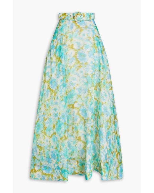 Zimmermann Blue Belted Floral-print Linen And Silk-blend Maxi Skirt
