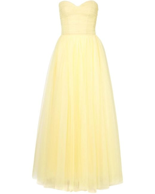Monique Lhuillier Strapless Ruched Tulle Gown Pastel Yellow