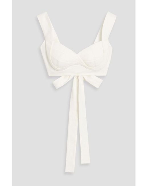 Zimmermann White Tie-Back Draped Linen Bra Top