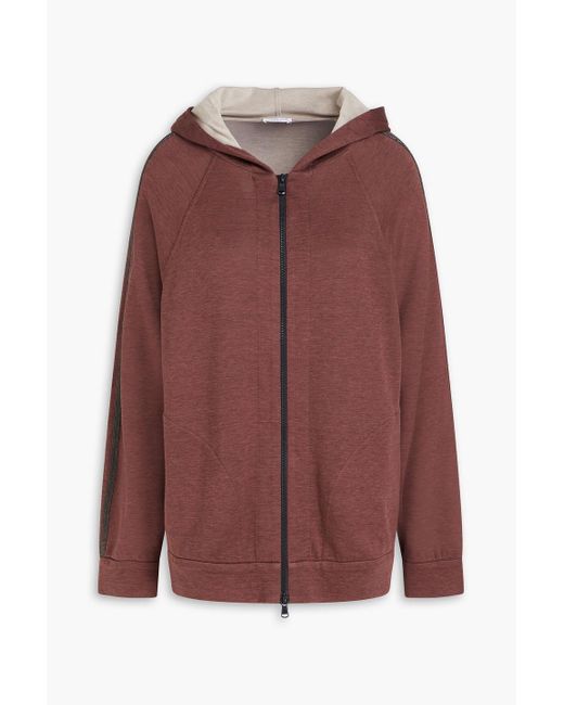 Brunello Cucinelli Red Bead-embellished Cotton-blend Jersey Zip-up Hoodie