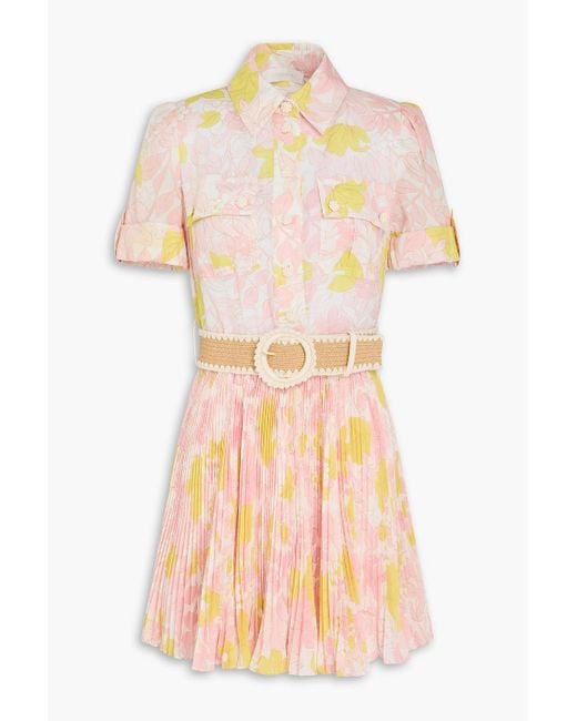 Zimmermann Pink Belted Floral-Print Slub Woven Mini Shirt Dress