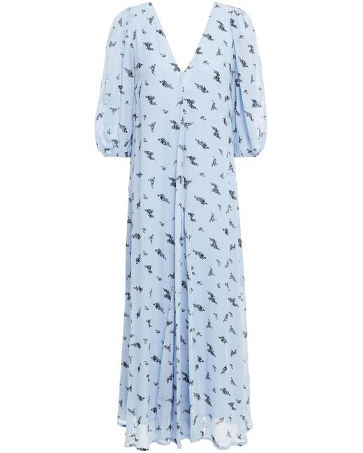 Ganni Synthetic Pleated Printed Georgette Midi Dress Light Blue - Lyst