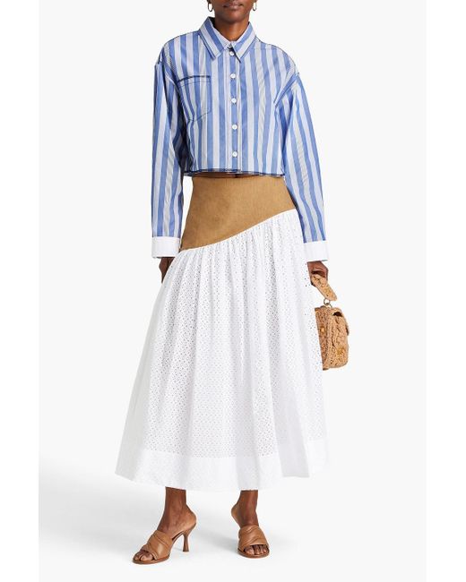 Tory Burch White Linen-paneled Broderie Anglaise Cotton Midi Skirt