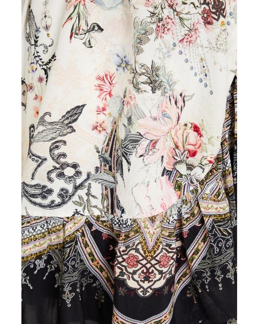 Camilla White Verziertes mini-wickelkleid aus crêpe de chine aus seide mit floralem print und rüschen