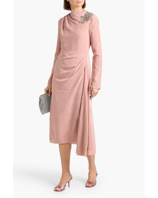 Erdem Pink Crystal-Embellished Silk And Cotton-Blend Jacquard Midi Dress