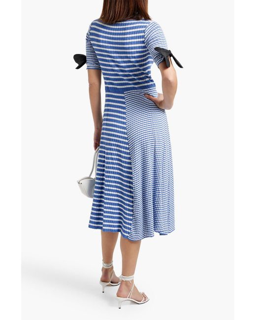 RED Valentino Blue Striped Ribbed And Pointelle-Knit Cotton Midi Dress