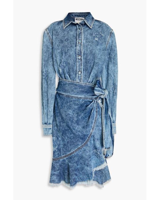 Moschino Blue Wrap-effect Acid-wash Denim Shirt Dress