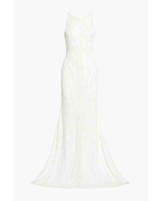 THEIA White Open-back Bead-embellished Tulle Bridal Gown