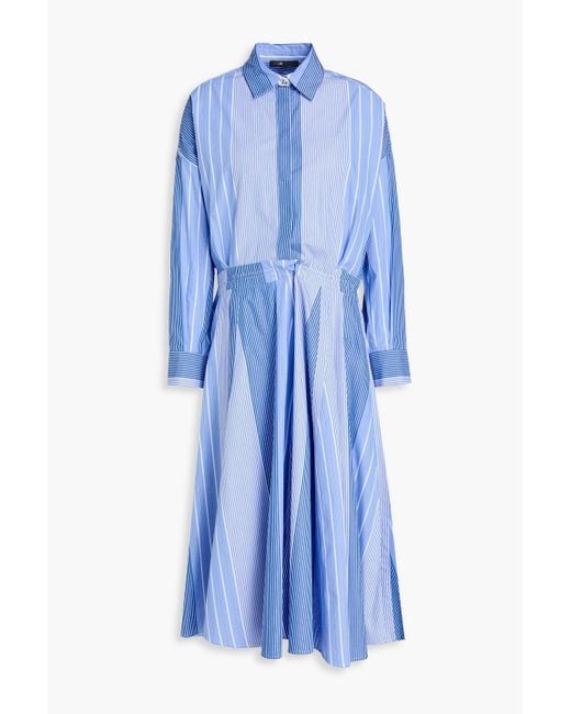 Maje Blue Pleated Striped Cotton-Poplin Midi Shirt Dress