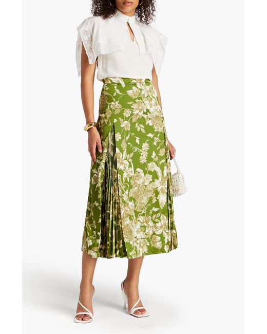 Erdem Green Pleated Floral-print Hammered-satin Midi Skirt