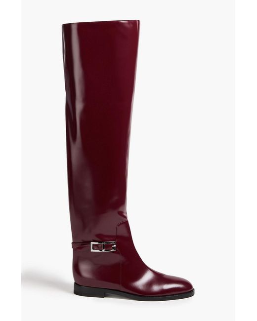 Sergio Rossi Red Buckled Glossed-Leather Over-The-Knee Boots
