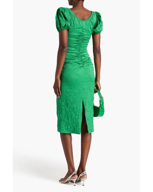 Ganni Green Ruched Crinkled-satin Midi Dress
