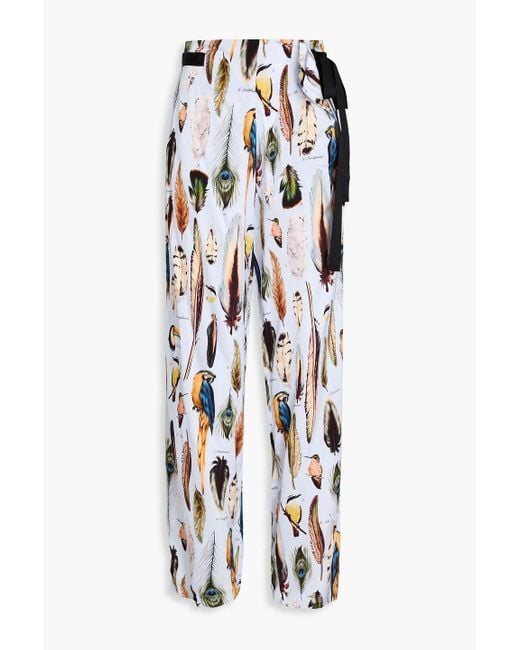 Agua Bendita White Memoria Pluma Printed Satin Wide-leg Pants