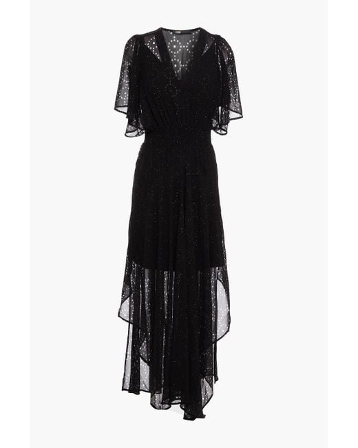 Maje Black Shirred Laser-cut Silk-blend Chiffon Midi Dress