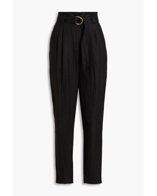 Another Tomorrow Black Belted Pleated Linen-Blend Twill Tapered Pants