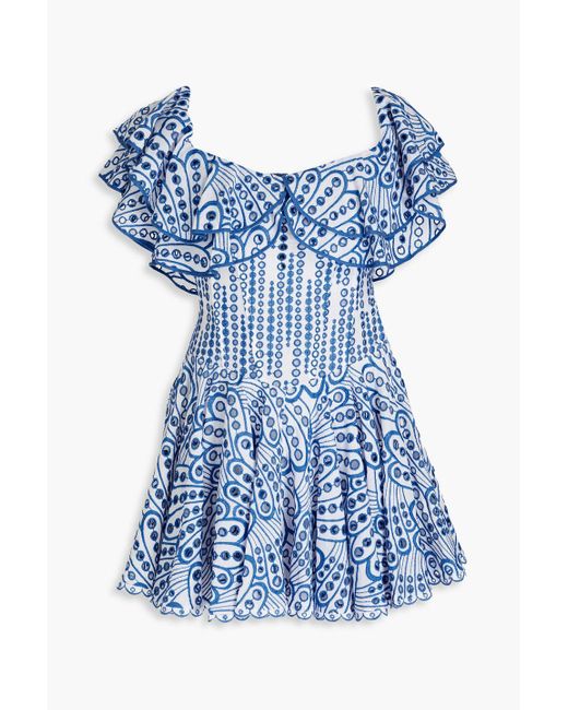 Charo Ruiz Blue Dalia Off-the-shoulder Ruffled Broderie Anglaise Cotton-blend Mini Dress
