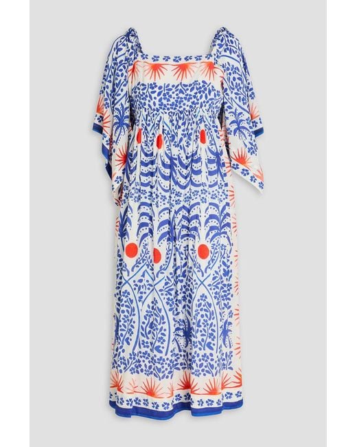 Farm Rio Blue Printed Crepe De Chine Midi Dress