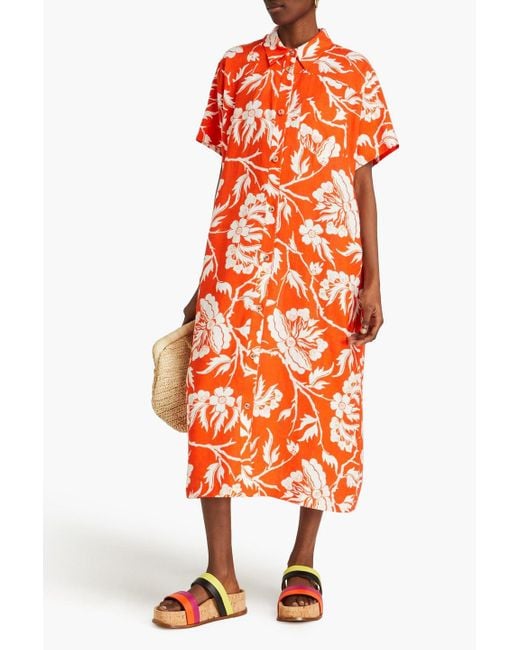Mara Hoffman Orange Abbie Floral-print Hemp Midi Shirt Dress