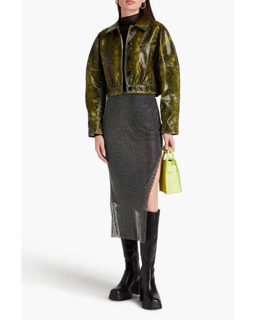 Ganni Green Cropped Faux Snake-effect Leather Jacket