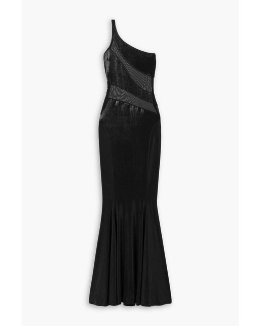 Norma Kamali Black Snake One-Shoulder Mesh-Paneled Metallic Stretch-Jersey Gown