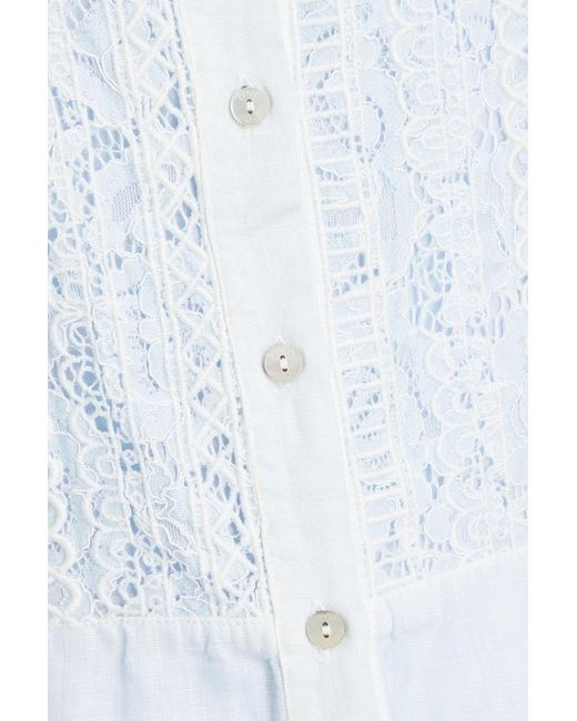 120% Lino Blue Lace-paneled Linen Shirt Dress