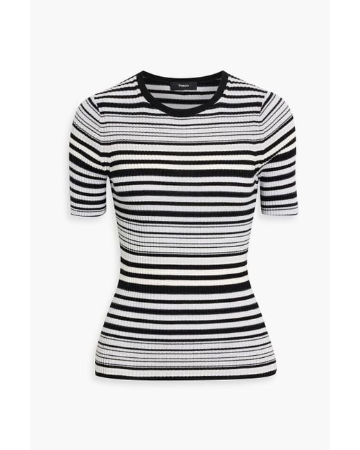 Theory Black Striped Ribbed Merino Wool Top