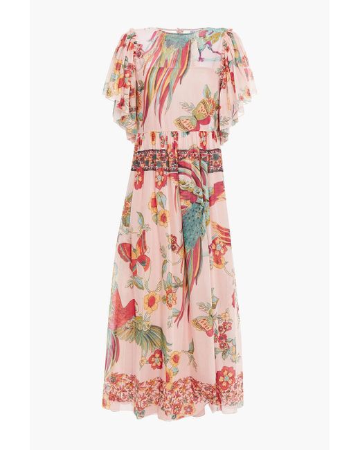 RED Valentino White Gathered Printed Cotton And Silk-blend Voile Midi Dress