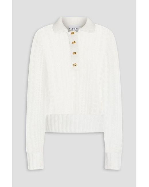 Ganni White Open-Knit Mohair-Blend Polo Sweater