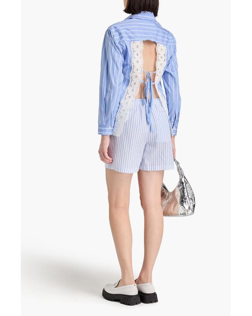Sandro Blue Lace-trimmed Cutout Striped Cotton-poplin Shirt
