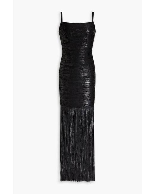 Hervé Léger Black Fringed Coated Bandage Gown