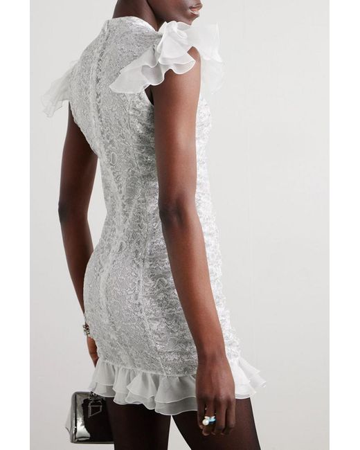Alessandra Rich White Pussy-bow Ruffled Silk-organza Trimmed Metallic Lace Mini Dress