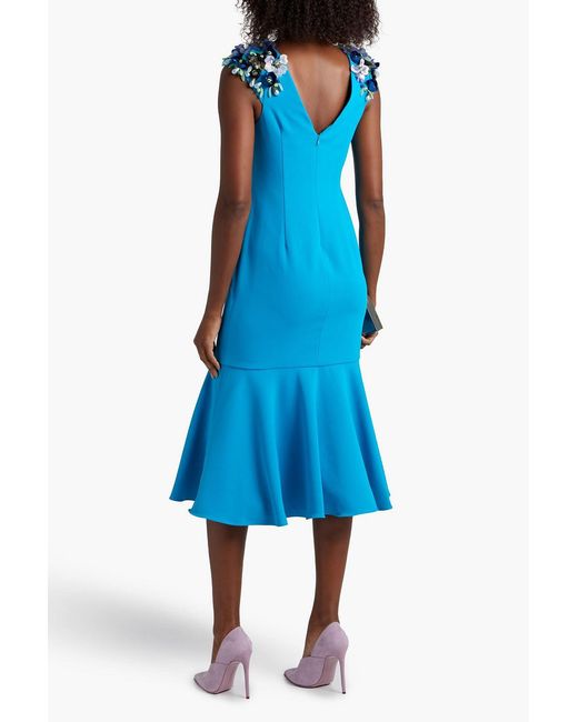Badgley Mischka Blue Fluted Floral-appliquéd Crepe Dress