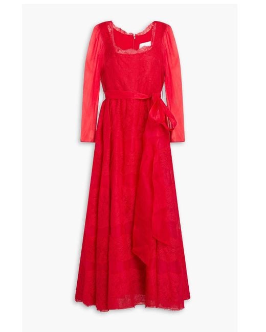 Valentino Garavani Red Belted Chantilly Lace-paneled Silk-organza Midi Dress