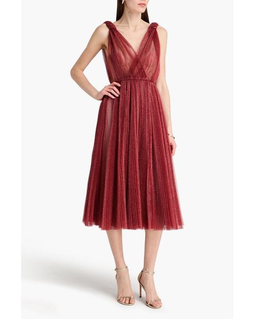 Dolce & Gabbana Red Metallic Plissé-Tulle Midi Dress