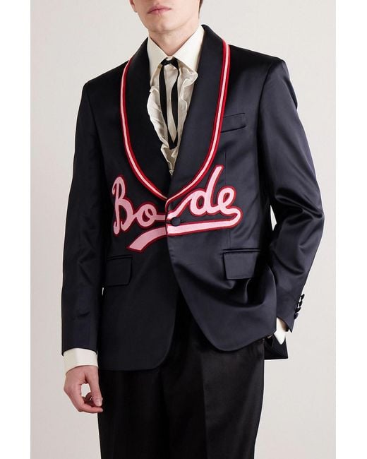 Bode Blue Embroidered Satin Blazer for men