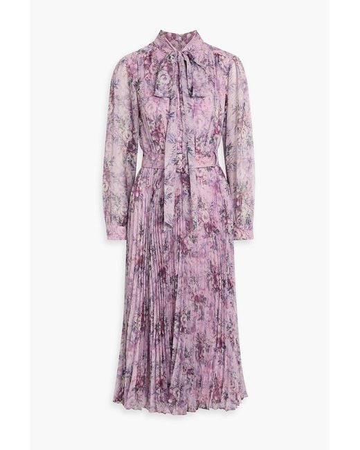 Mikael Aghal Purple Pleated Floral-Print Chiffon Maxi Dress