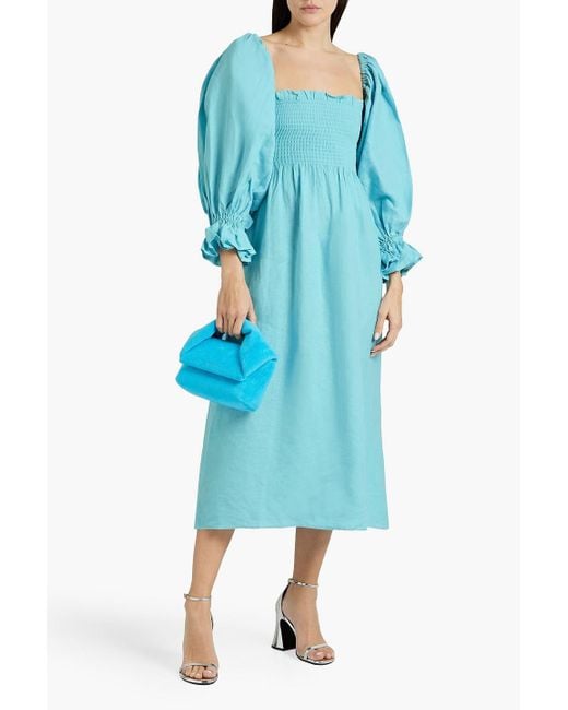 Sleeper Blue Atlanta Off-the-shoulder Ruffled Linen Midi Dress