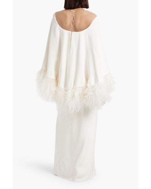 Monique Lhuillier White Feather-embellished Crepe And Tulle Gown