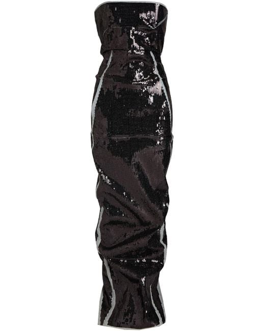 Rick Owens Black Strapless Pleated Sequined Denim Gown