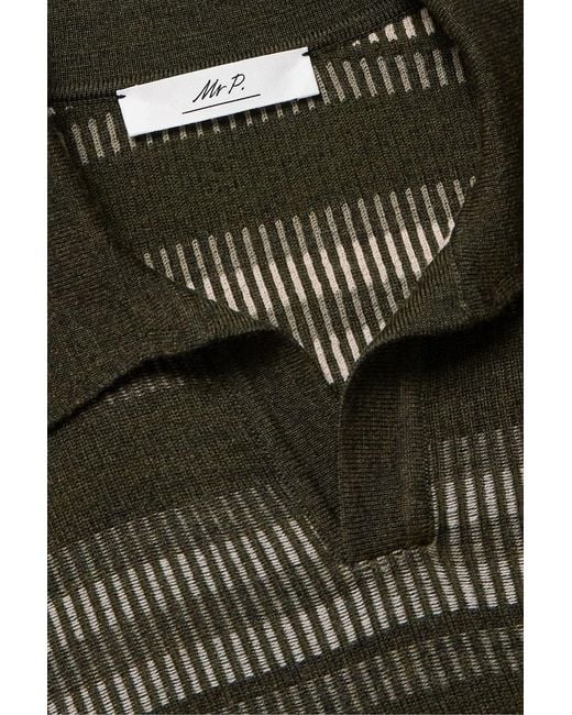 Mr P. Green Striped Ribbed Merino Wool Polo Sweater for men